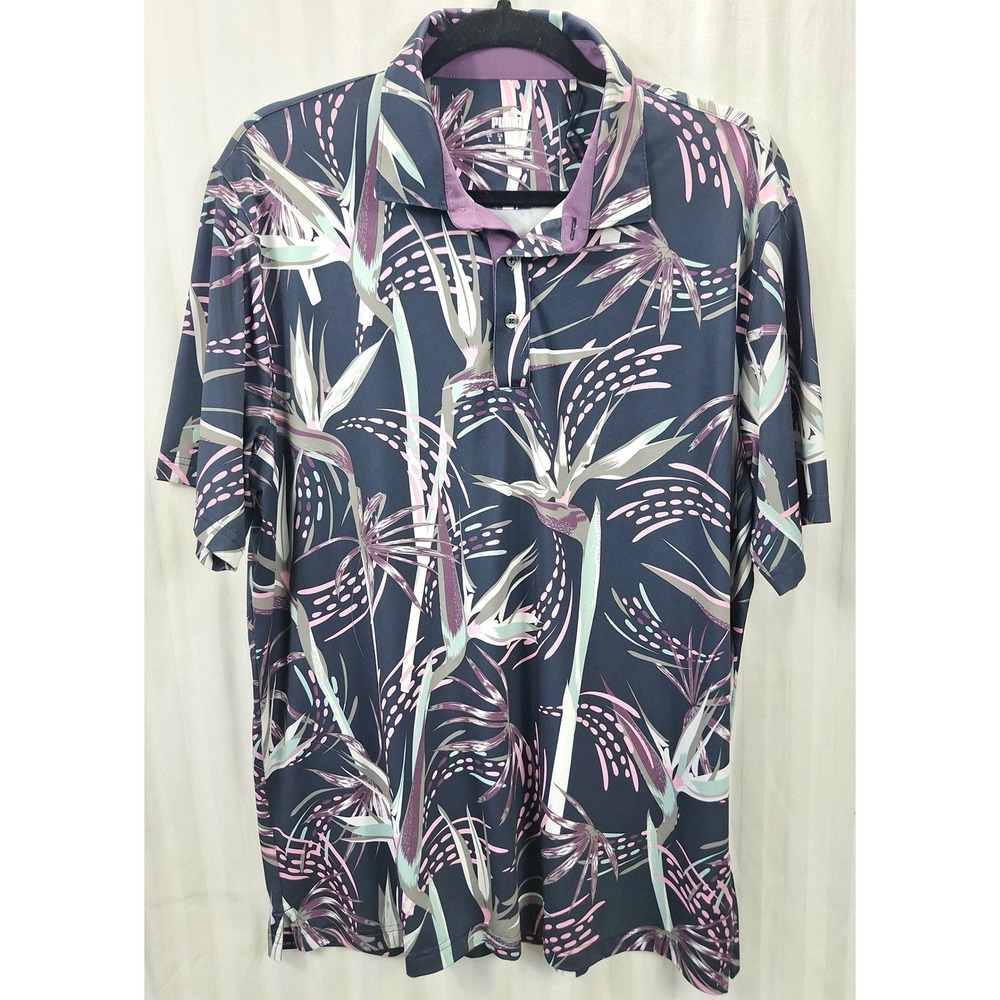 Puma Golf Mens Large Navy Purple Tropical‎ Bird of Paradise Floral Polo Shirt